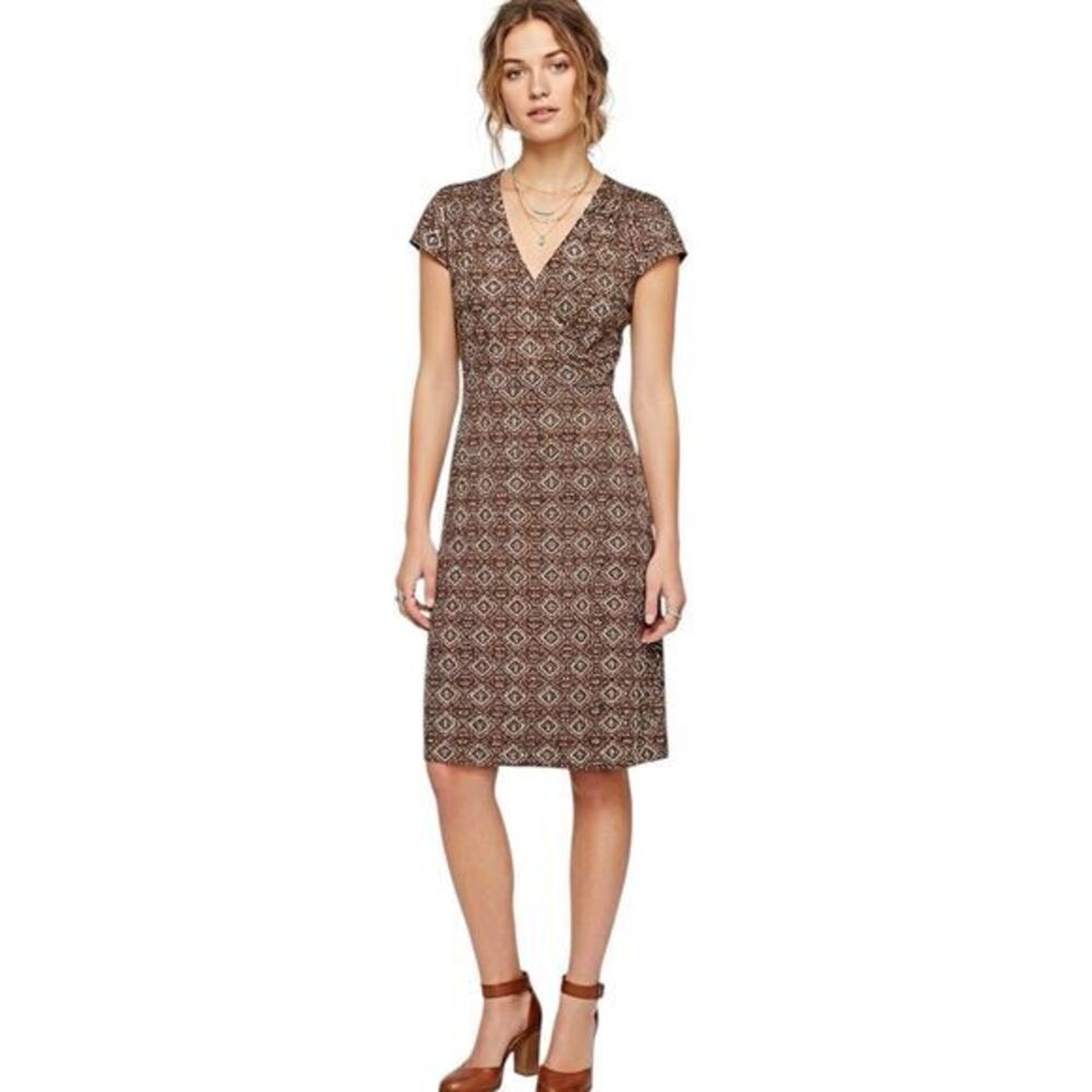 Loft Womens Dress Sz 6 Petite Faux Wrap Brown Fall Autumn Retro Short Sleeve